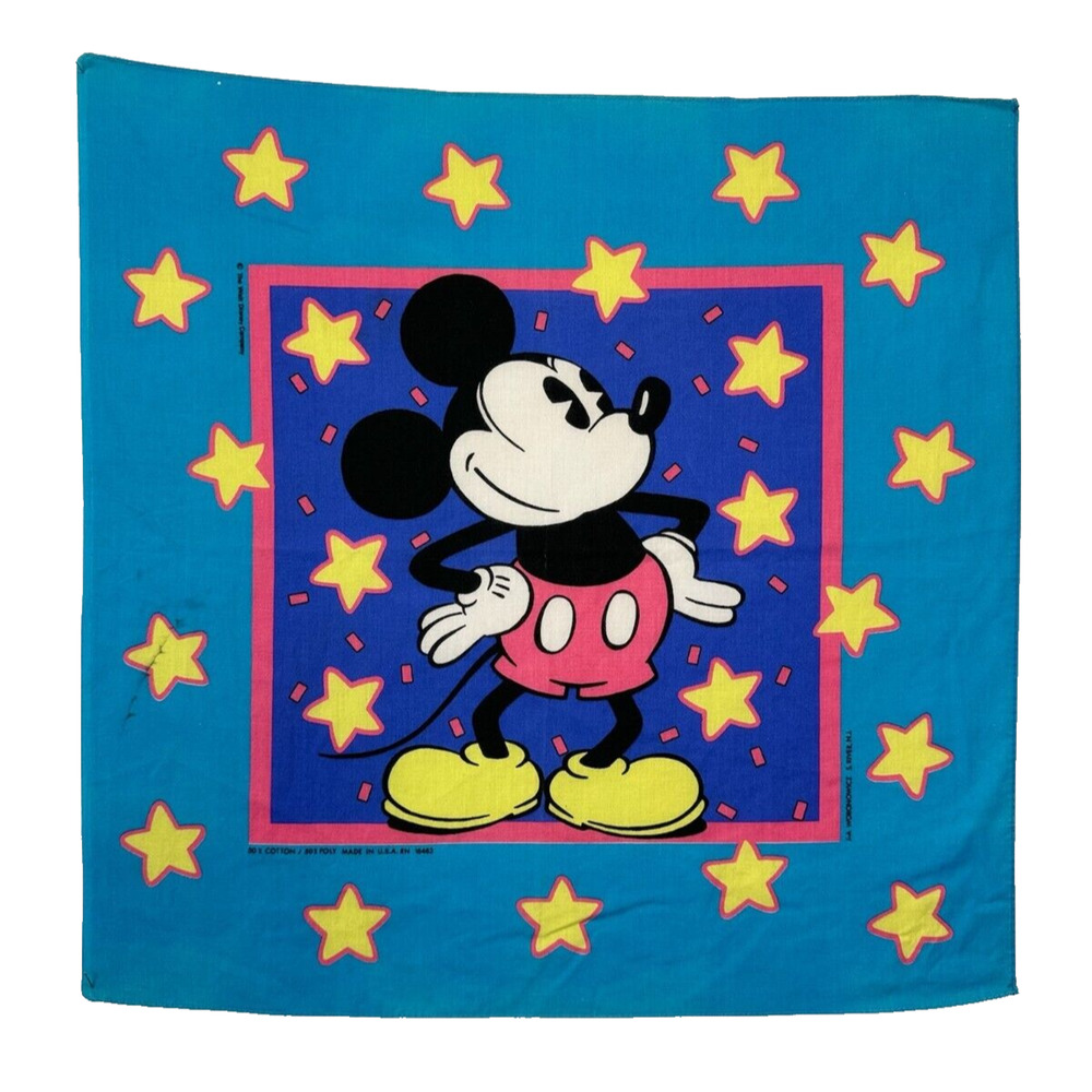 VTG 80s Disney Mickey Mouse Star Handkerchief Scarf Bandana Western Cartoon Blue